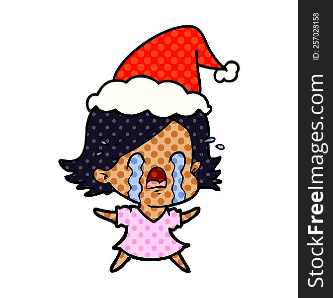 hand drawn comic book style illustration of a woman crying wearing santa hat