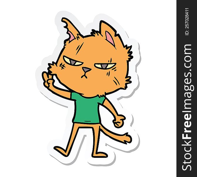 sticker of a tough cartoon cat giving victory sign