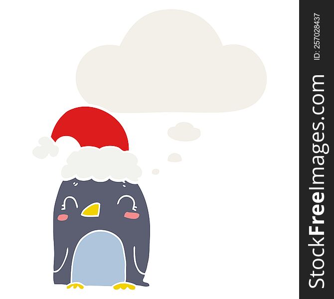 Cute Christmas Penguin And Thought Bubble In Retro Style