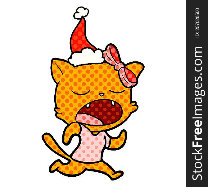 Comic Book Style Illustration Of A Yawning Cat Wearing Santa Hat