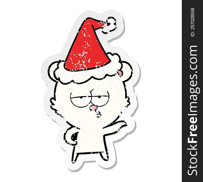 Bored Polar Bear Distressed Sticker Cartoon Of A Wearing Santa Hat