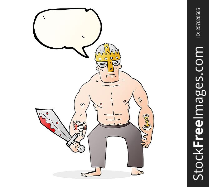 freehand drawn speech bubble cartoon warrior with sword