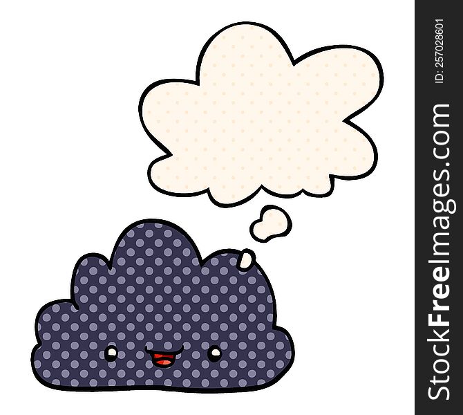 cartoon tiny happy cloud with thought bubble in comic book style