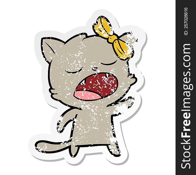 distressed sticker of a cartoon cat meowing