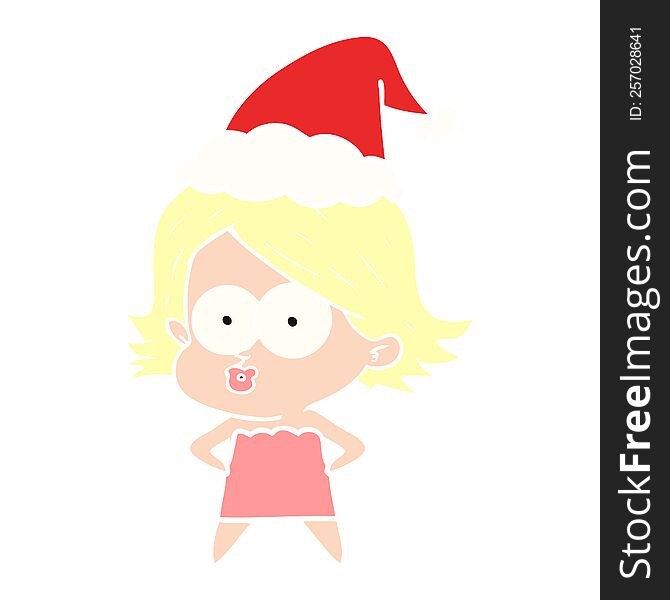 hand drawn flat color illustration of a girl pouting wearing santa hat
