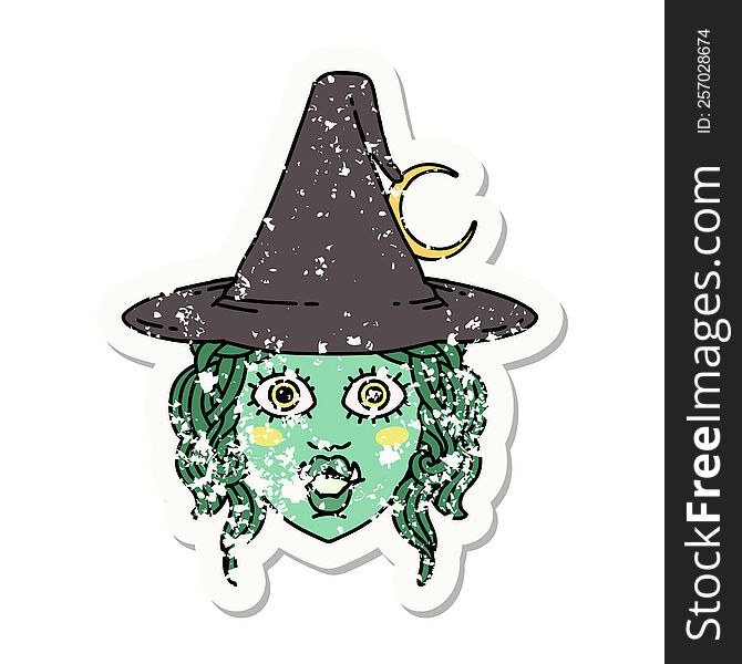 grunge sticker of a half orc witch character face. grunge sticker of a half orc witch character face
