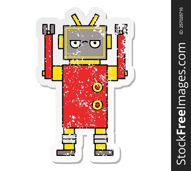 Distressed Sticker Of A Cute Cartoon Annoyed Robot