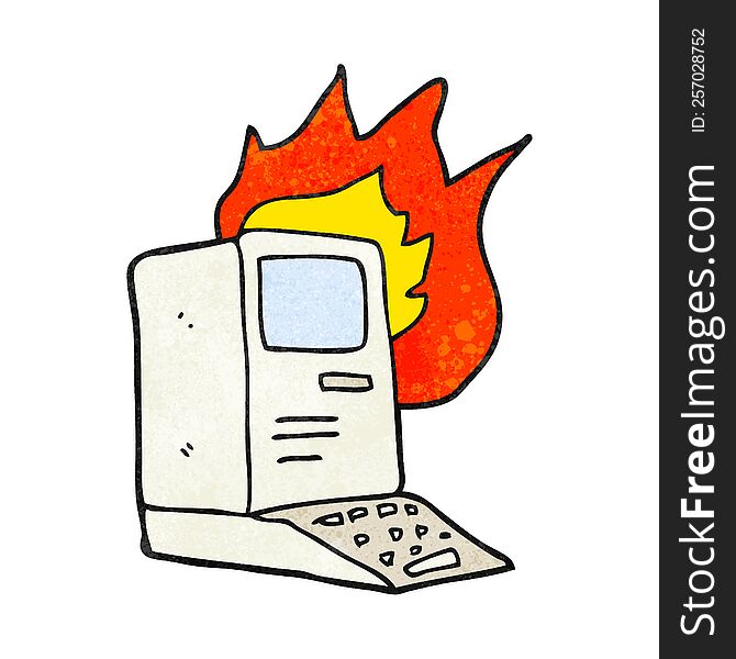 freehand textured cartoon old computer on fire