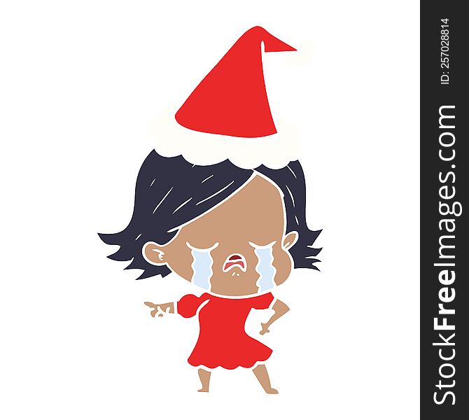 hand drawn flat color illustration of a girl crying and pointing wearing santa hat