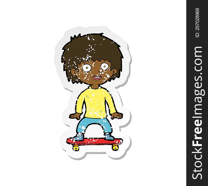 Retro Distressed Sticker Of A Cartoon Boy On Skateboard