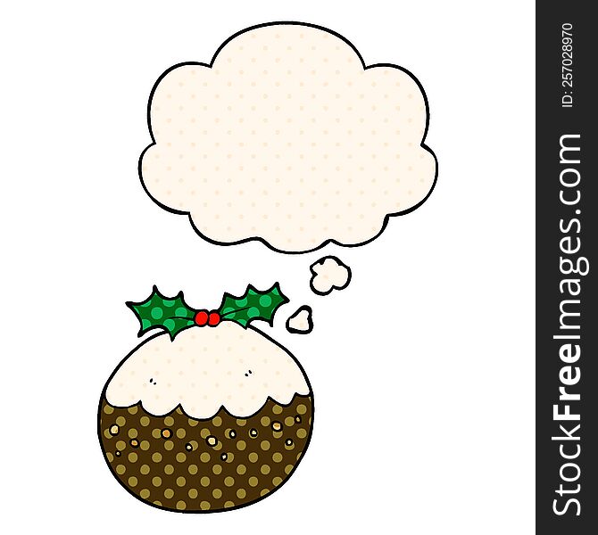 Cartoon Christmas Pudding And Thought Bubble In Comic Book Style