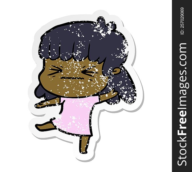 Distressed Sticker Of A Cartoon Angry Girl