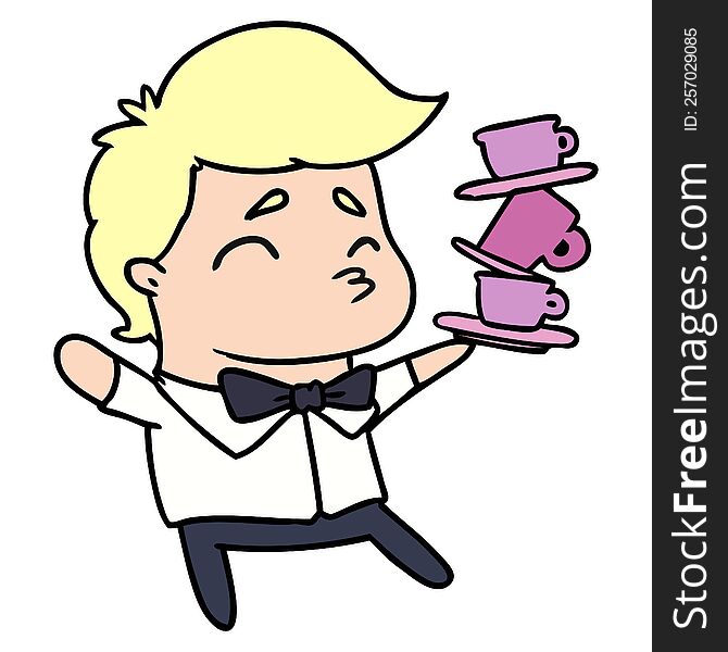 cartoon illustration of a kawaii cute waiter. cartoon illustration of a kawaii cute waiter