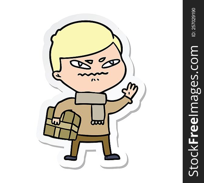 sticker of a cartoon angry man carrying parcel