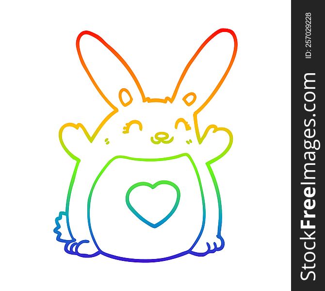 rainbow gradient line drawing of a cartoon rabbit with love heart