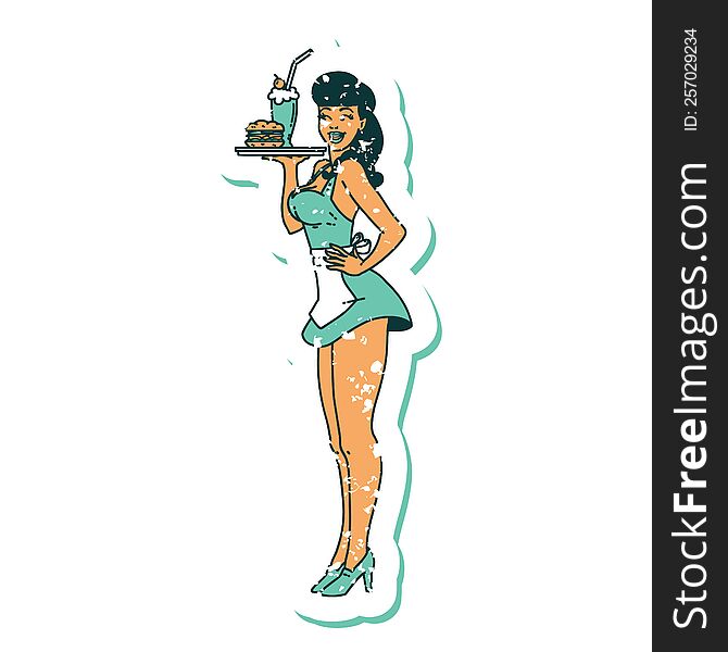 distressed sticker tattoo in traditional style of a pinup waitress girl. distressed sticker tattoo in traditional style of a pinup waitress girl
