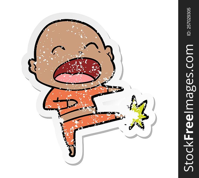 distressed sticker of a cartoon bald man kicking