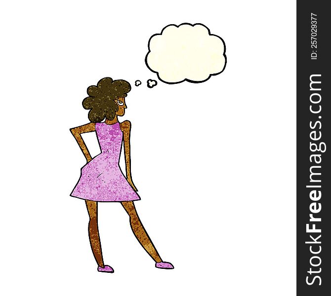 Cartoon Woman Posing In Dress With Thought Bubble