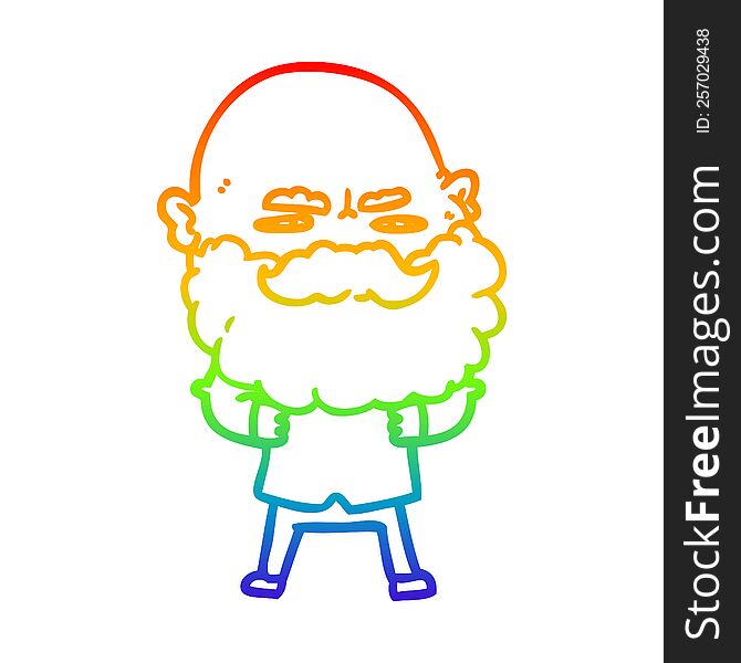 rainbow gradient line drawing of a cartoon man with beard frowning