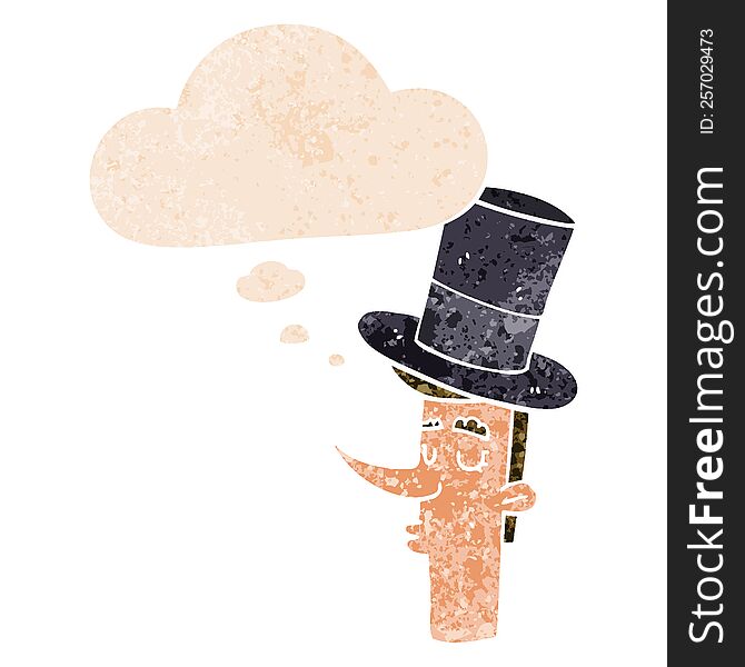 Cartoon Man Wearing Top Hat And Thought Bubble In Retro Textured Style