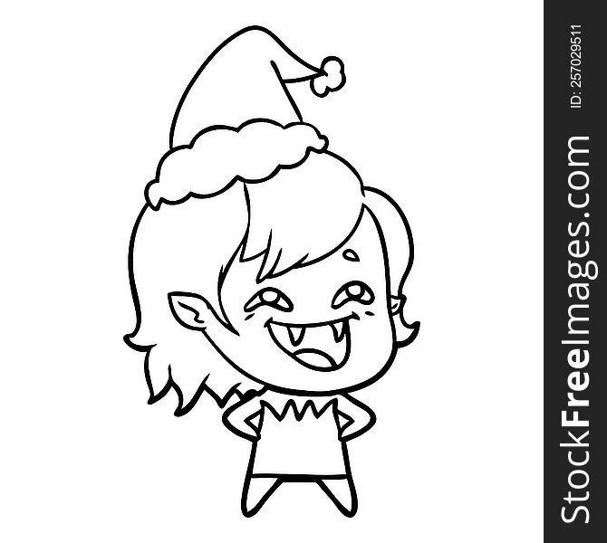 hand drawn line drawing of a laughing vampire girl wearing santa hat