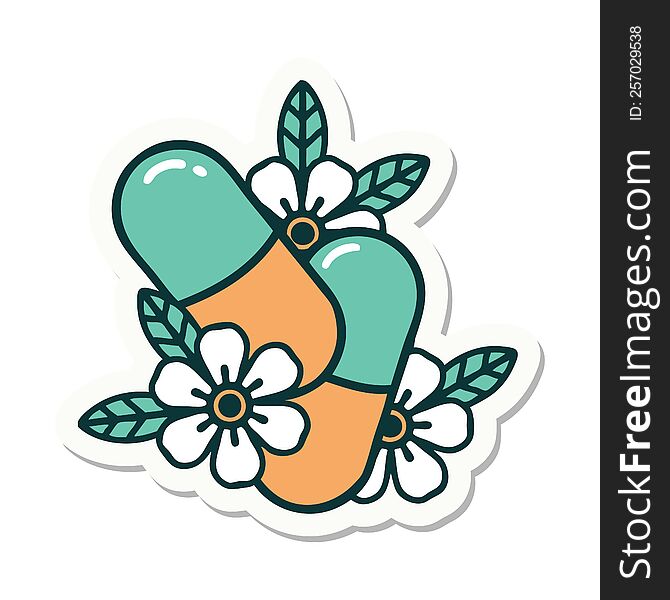 tattoo style sticker of pills and flowers