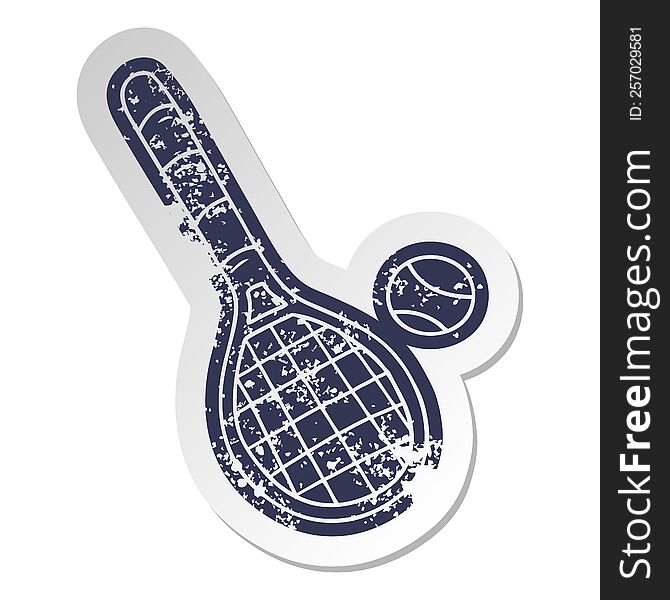 distressed old cartoon sticker tennis racket and ball. distressed old cartoon sticker tennis racket and ball