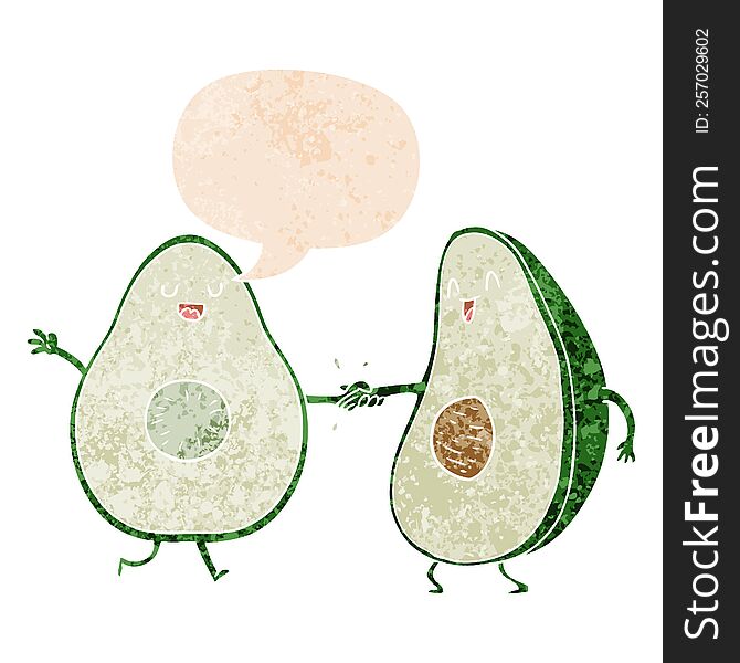 cartoon dancing avocados and speech bubble in retro textured style