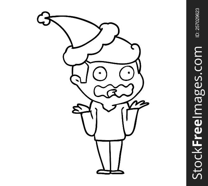 Line Drawing Of A Man Totally Stressed Out Wearing Santa Hat