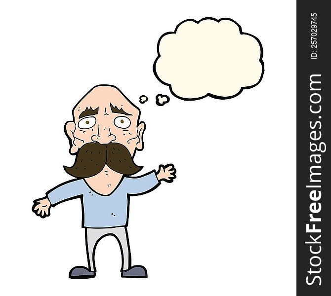 cartoon worried old man with thought bubble