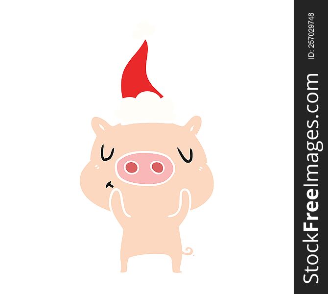 hand drawn flat color illustration of a content pig wearing santa hat