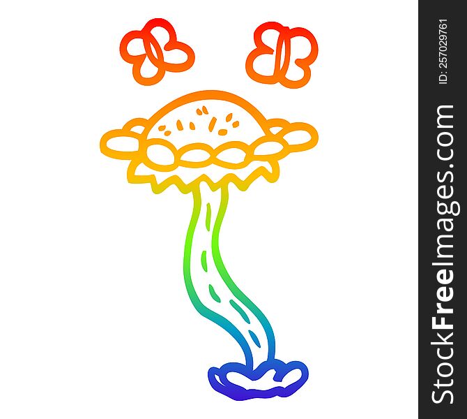 rainbow gradient line drawing of a cartoon flower and butterflies
