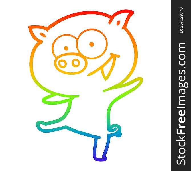 Rainbow Gradient Line Drawing Cheerful Dancing Pig Cartoon