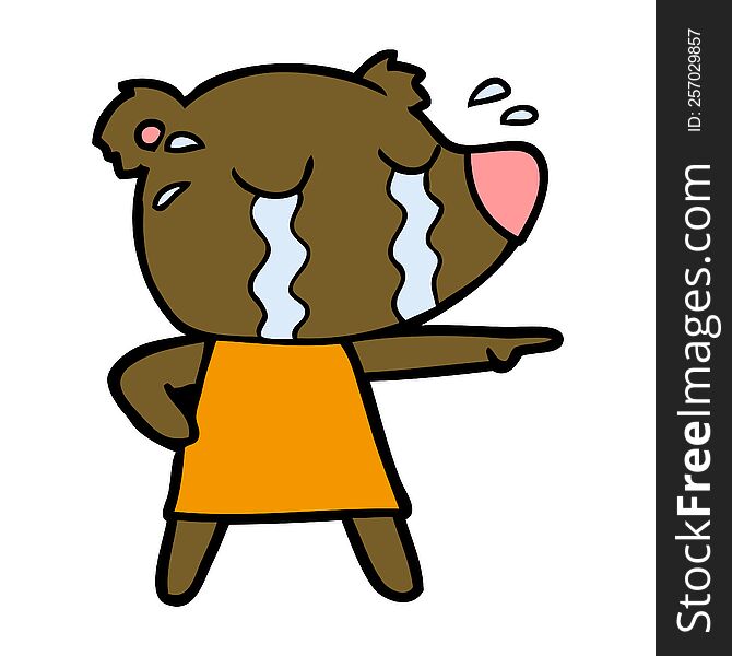 cartoon crying bear in dress pointing. cartoon crying bear in dress pointing