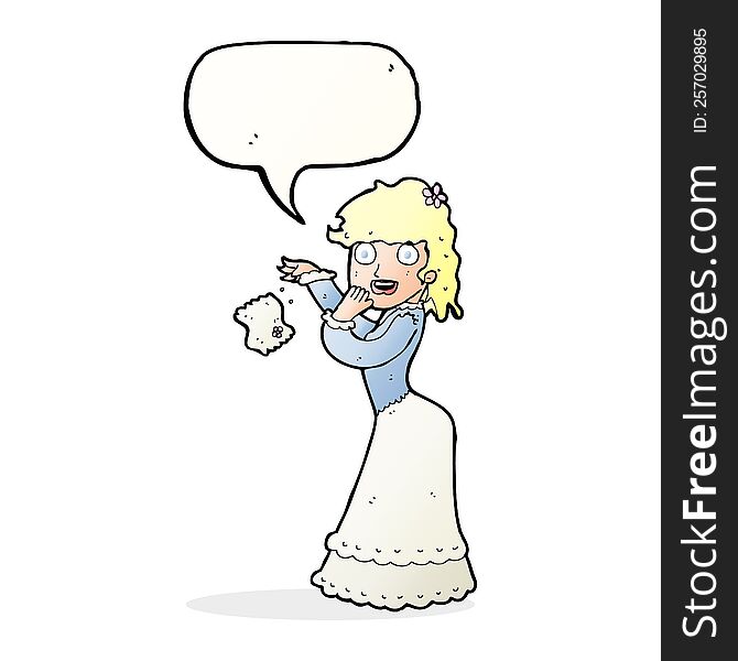 cartoon victorian woman dropping handkerchief with speech bubble