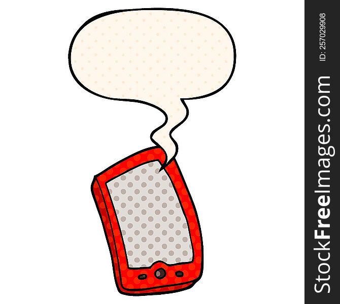 cartoon mobile phone and speech bubble in comic book style