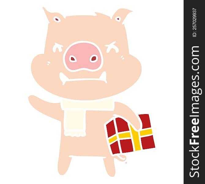 Angry Flat Color Style Cartoon Pig With Christmas Gift