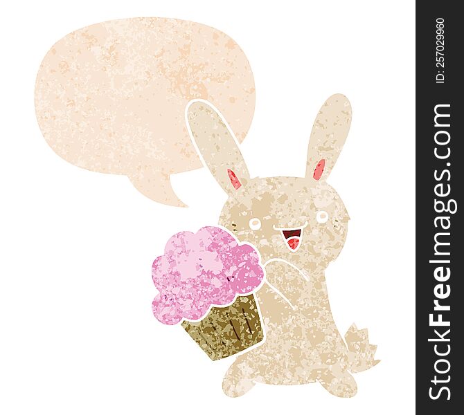 cute cartoon rabbit with muffin with speech bubble in grunge distressed retro textured style. cute cartoon rabbit with muffin with speech bubble in grunge distressed retro textured style