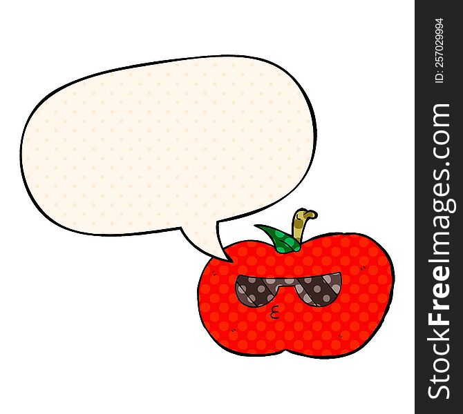 cartoon cool apple with speech bubble in comic book style