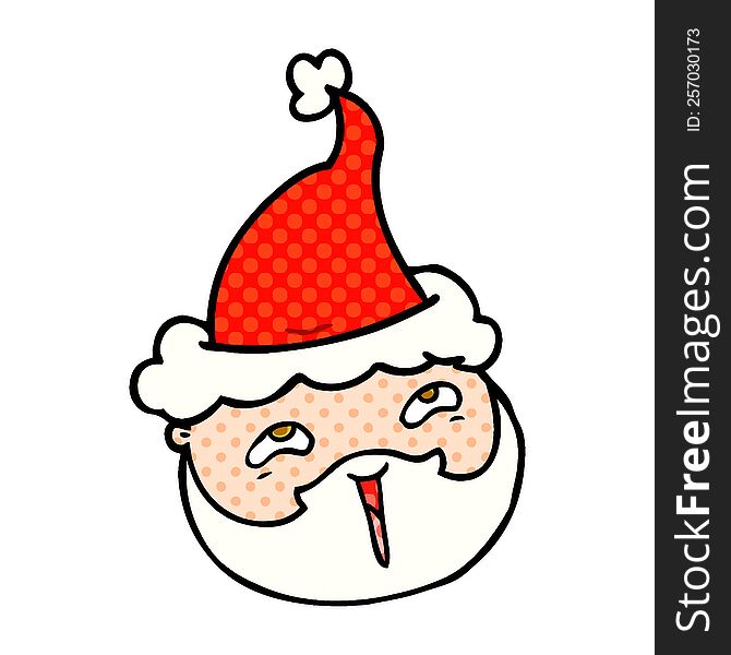 Comic Book Style Illustration Of A Male Face With Beard Wearing Santa Hat