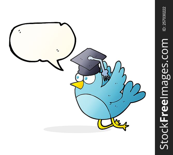 freehand drawn speech bubble cartoon bird wearing graduation cap