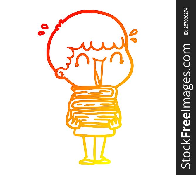 warm gradient line drawing of a laughing cartoon man holding stack of books