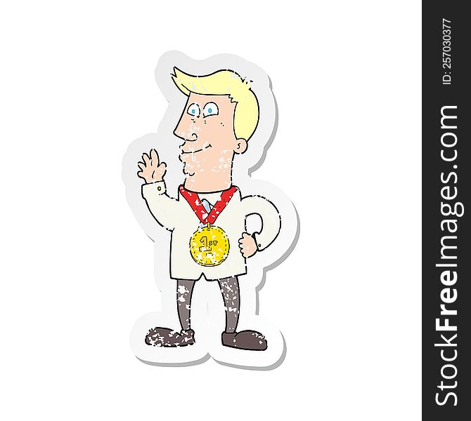 Retro Distressed Sticker Of A Cartoon Waving Man With Award