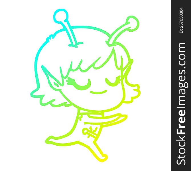 cold gradient line drawing of a smiling alien girl cartoon running