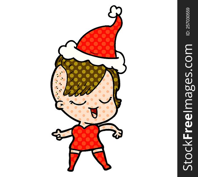 Happy Comic Book Style Illustration Of A Girl Wearing Santa Hat