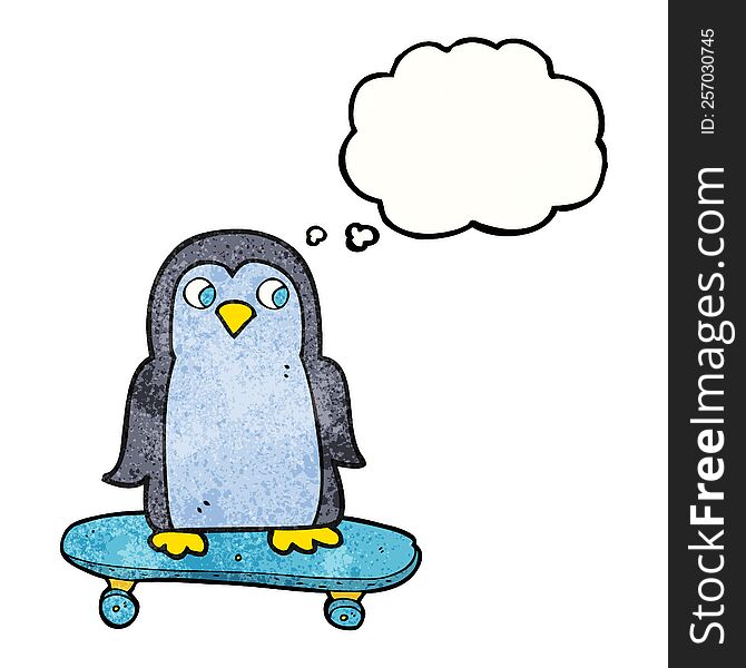 freehand drawn thought bubble textured cartoon penguin riding skateboard