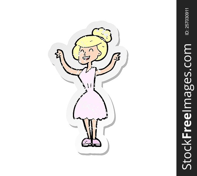 Retro Distressed Sticker Of A Cartoon Woman With Raised Arms