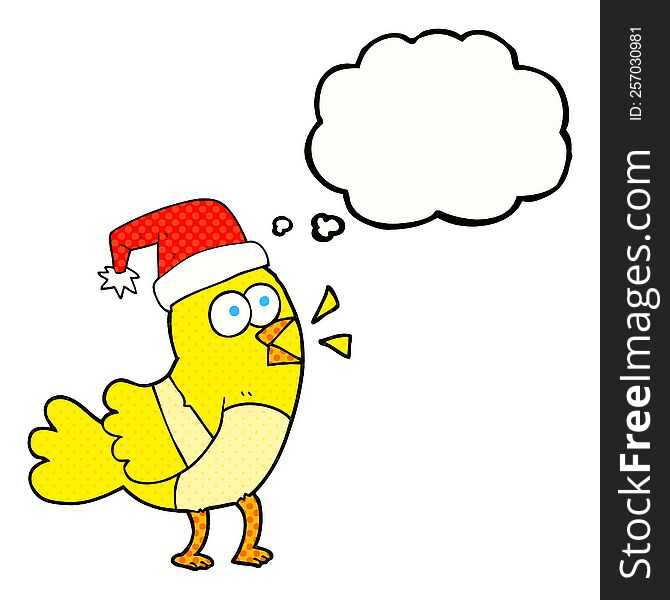 Thought Bubble Cartoon Bird Wearing Christmas Hat