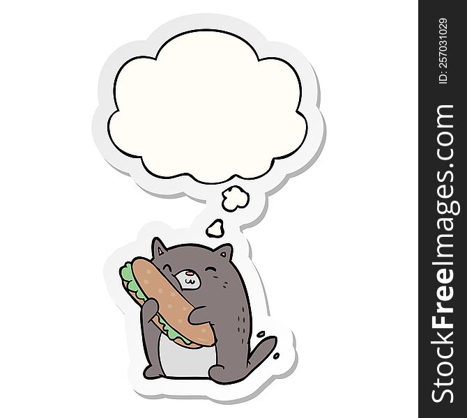 cartoon cat with sandwich with thought bubble as a printed sticker