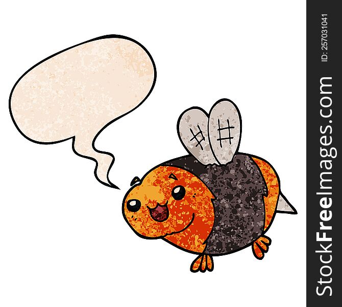 Funny Cartoon Bee And Speech Bubble In Retro Texture Style